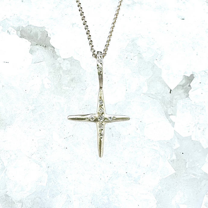 Delicate 5 Diamond Cross Necklace with Diamond Bail