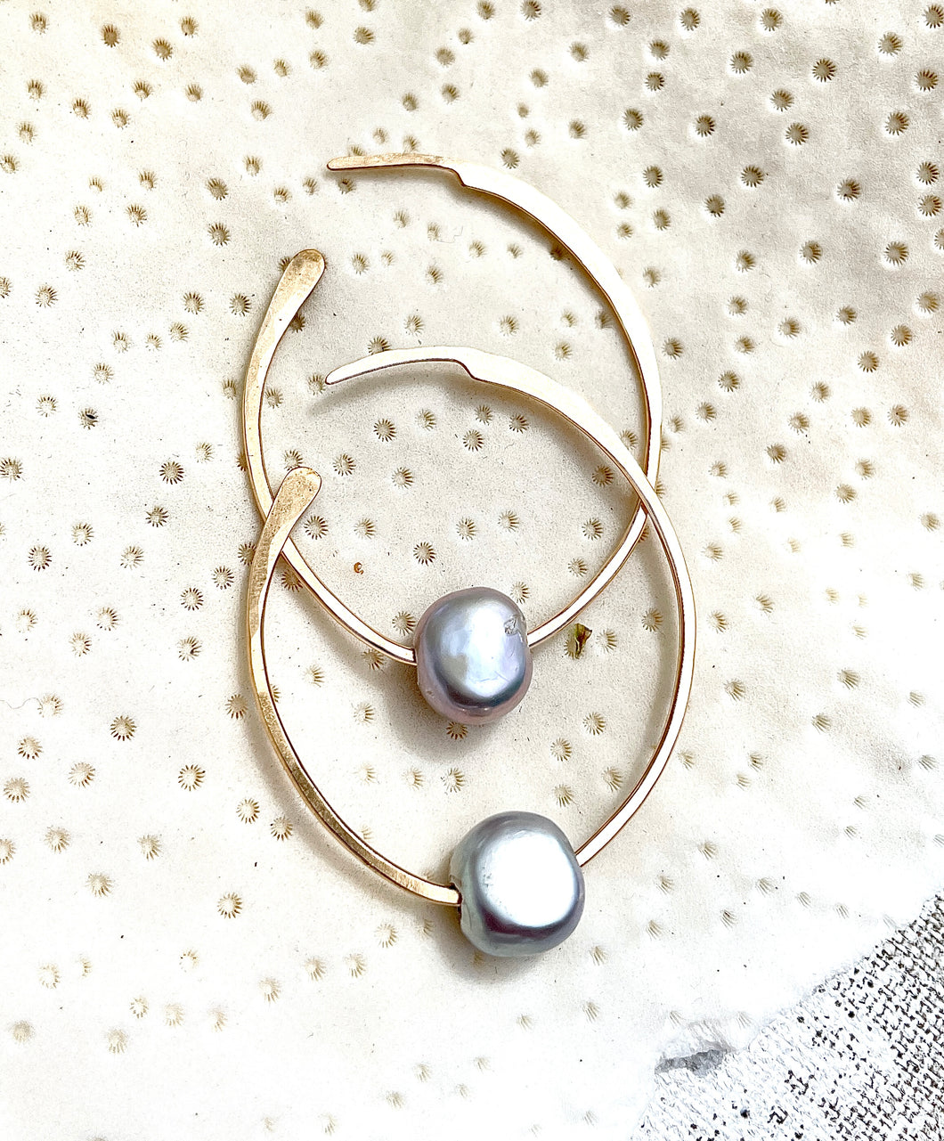 14K yellow gold-filled hoops with natural freshwater silver pearl