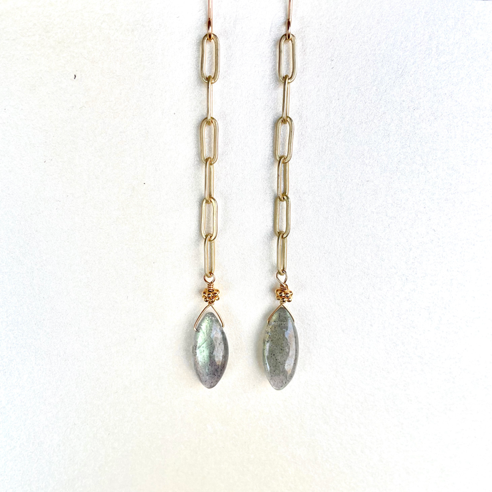 Oval Labradorite Paperclip Chain Drop Earrings