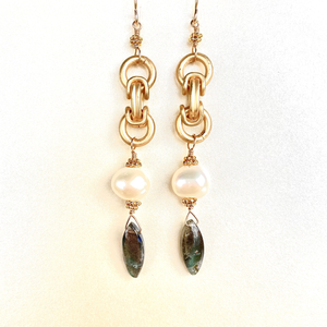 Byzantine White Pearl and Labrodorite Earrings