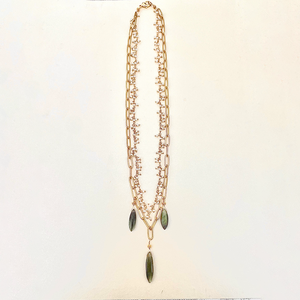 Labrodorite and White Pearl Double Chain Necklace