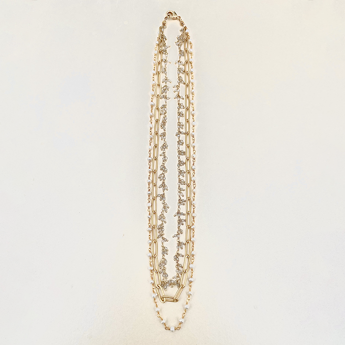 Labrodorite and White Pearl Triple Chain Necklace